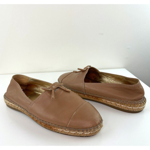 PRADA Light Brown Beige Leather Bows Trim Espadrilles Shoes Women’s 39.5 CLASSIC - Picture 1 of 11
